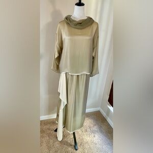Zoran Vintage Designer 100% Silk 2pc Set Chiffon Cowl Neck Waterfall Side Pleat